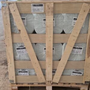 Open wooden crate showing fiberglass mat rolls inside