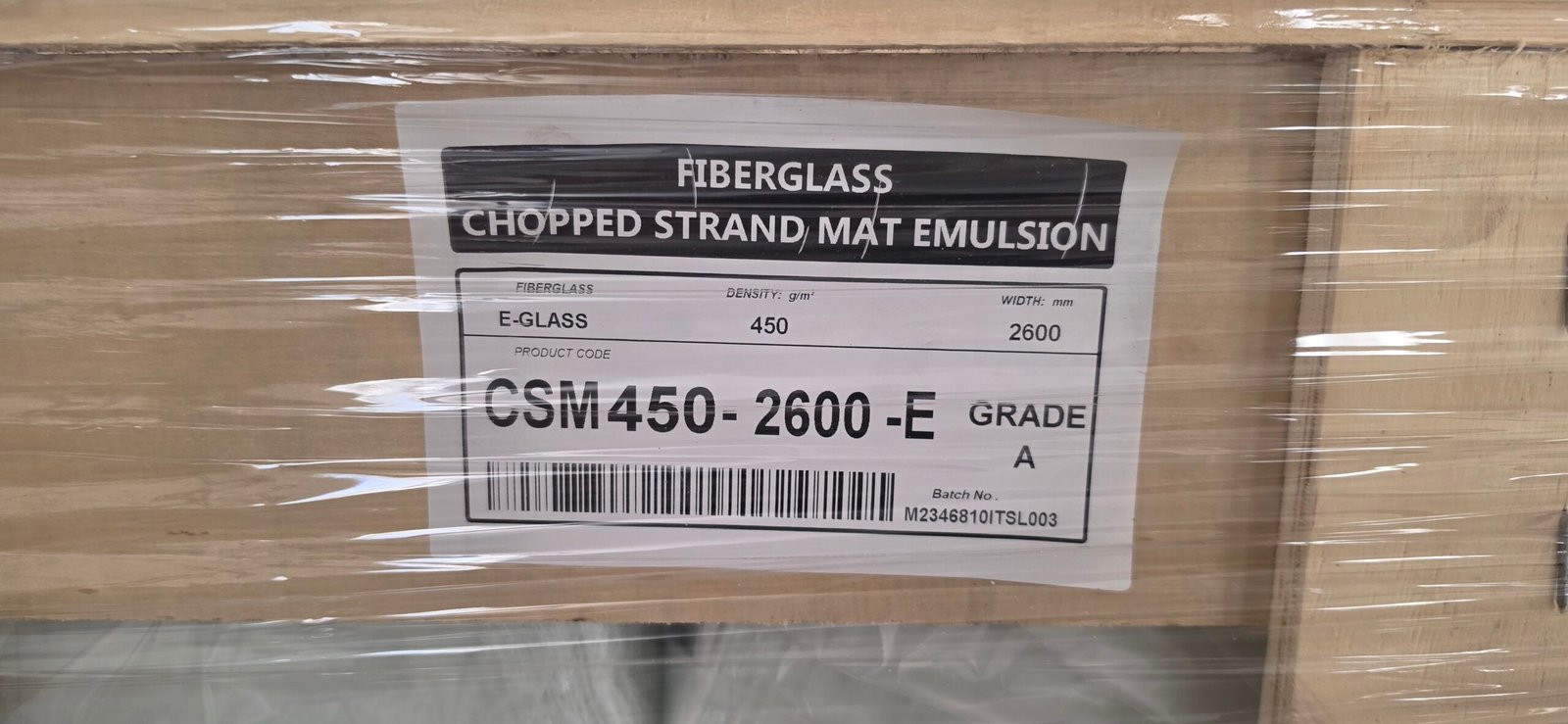 Product label showing E-Glass 450 g/m2 2600mm width chopped strand mat emulsion